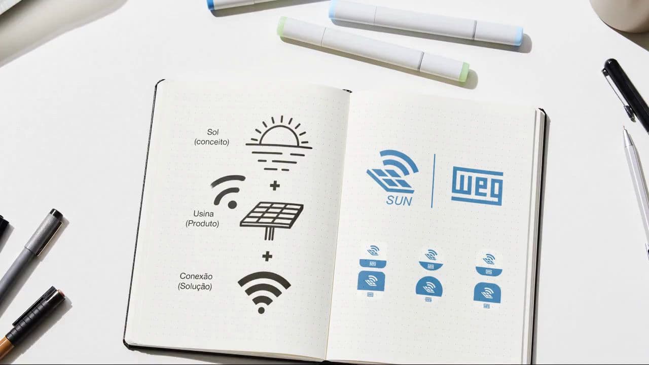 Caderno aberto com o conceito da marca SUN WEG: sol, usina e conexão somados, ao lado do lockup SUN | WEG